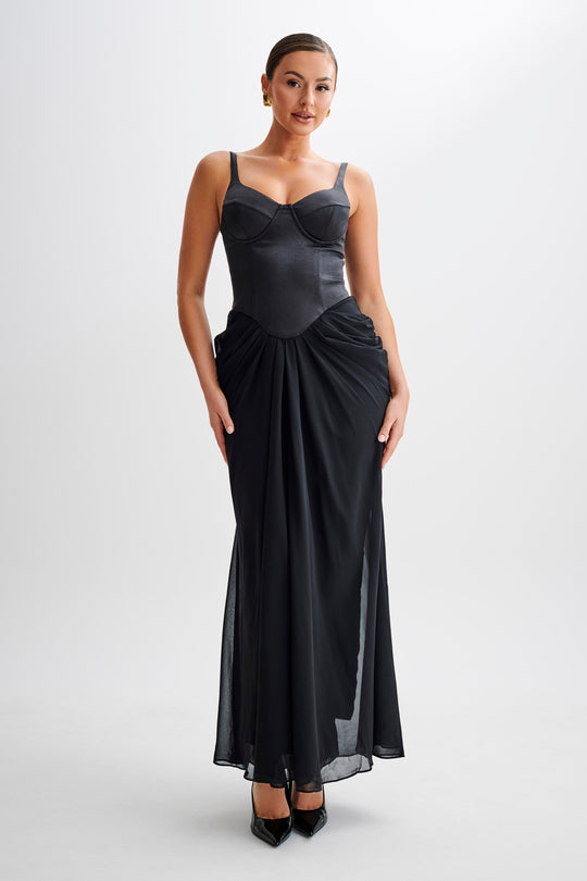 Leila  Satin Corset Maxi Dress - Black