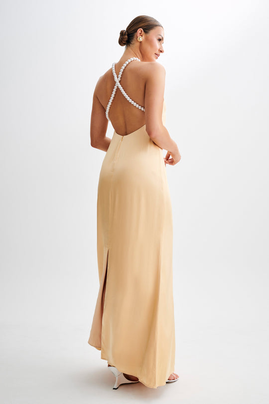 Shop Formal Dress - Blanche  Satin Pearl Halter Maxi Dress - Peach featured image