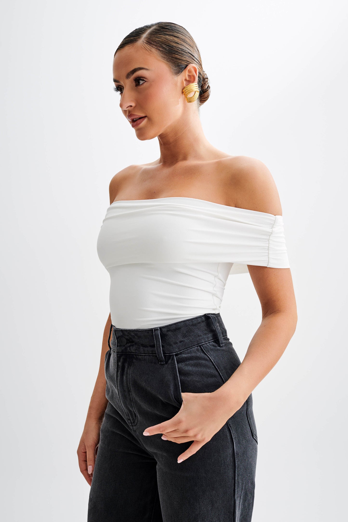 Meena Recycled Nylon Off Shoulder Top - White