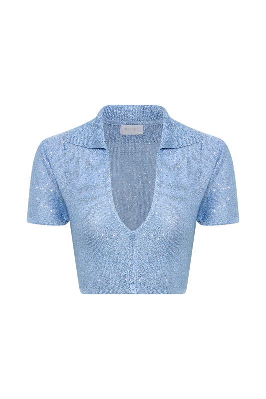 Huntley Sequin Knit Crop Top - Cornflower Blue