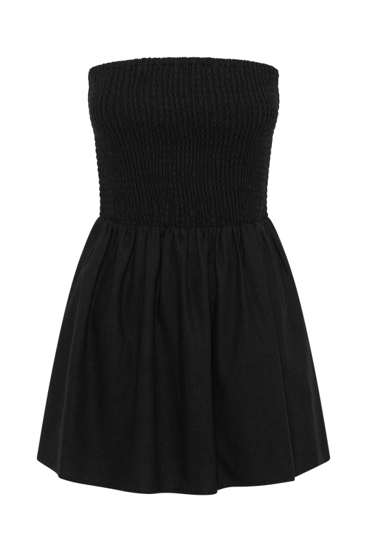 Holland Linen Shirring Mini Dress - Black