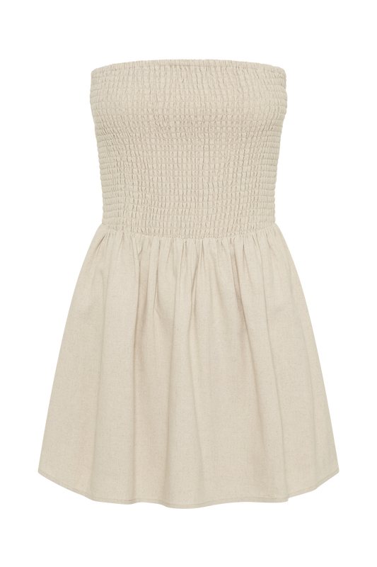 Holland Linen Shirring Mini Dress - Natural