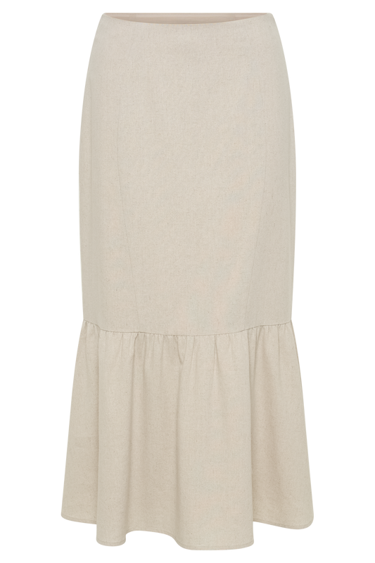 Venezia Linen Midi Skirt With Ruffle - Natural