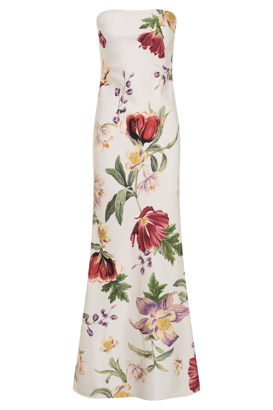 Claudette Strapless Satin Maxi Dress - Bella Rosa Print