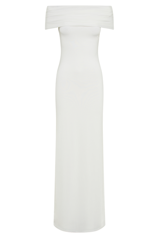 Cassandra Off Shoulder Slinky Maxi Dress - White