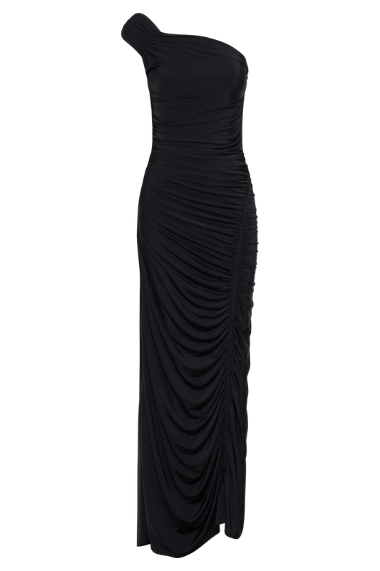 Capri Gathered Slinky Maxi Dress - Black