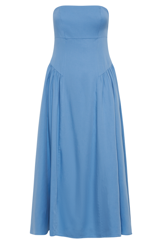 Carmele Cotton Gathered Midi Dress - Iris Blue