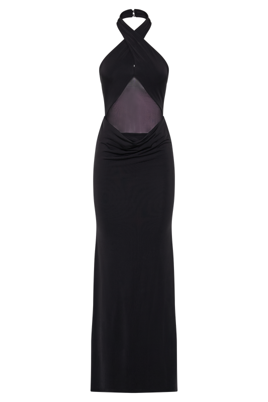 Caterina Slinky Mesh Halter Maxi Dress - Black