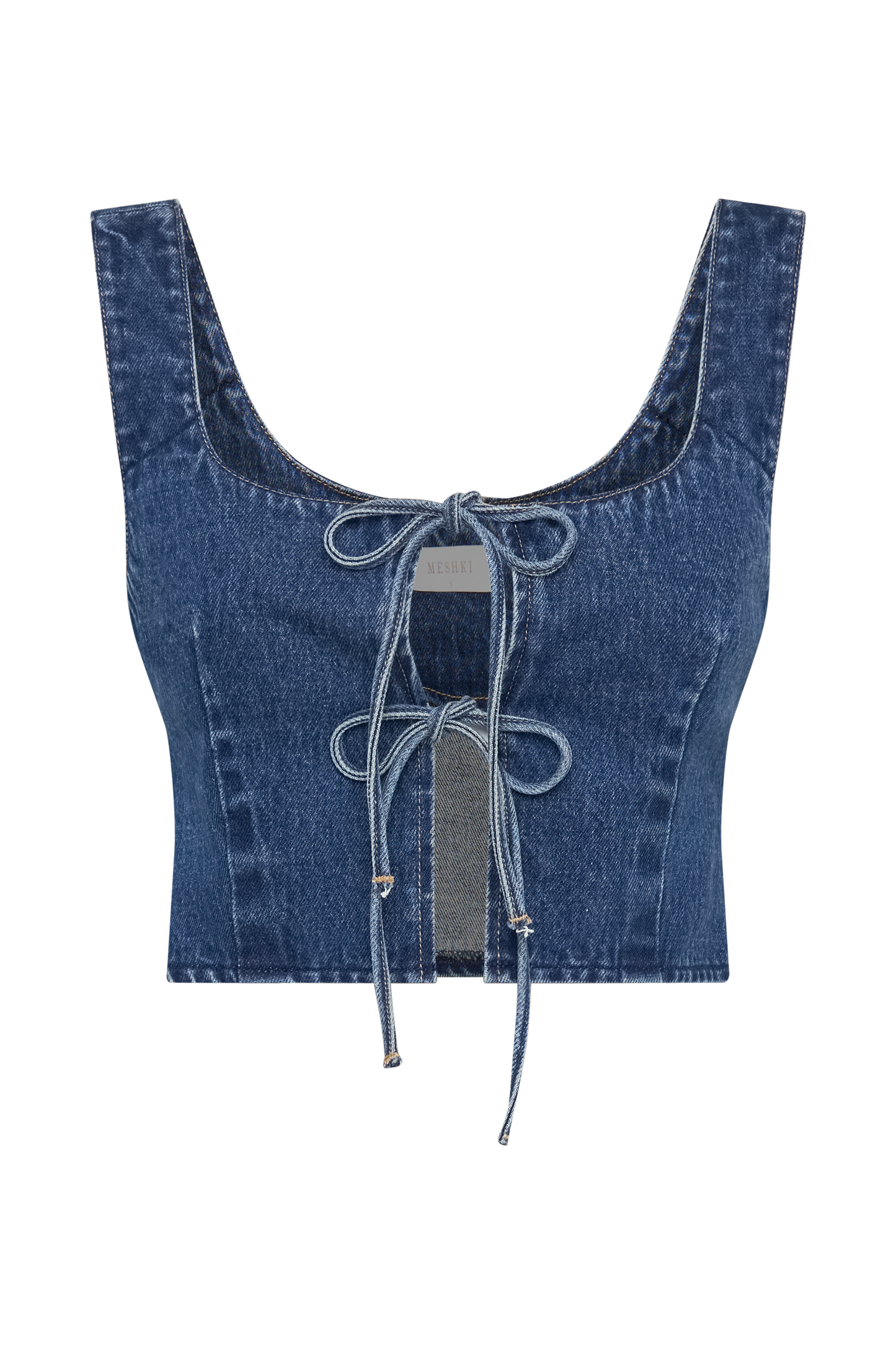 Heather Denim Tie Front Top - Dark Blue