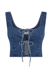 Heather Denim Tie Front Top - Dark Blue