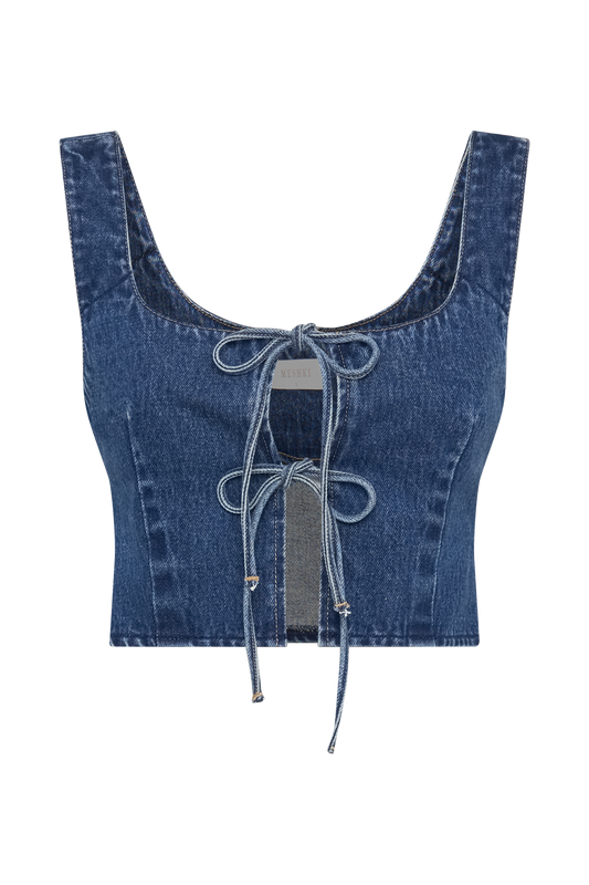 Heather Denim Tie Front Top - Dark Blue