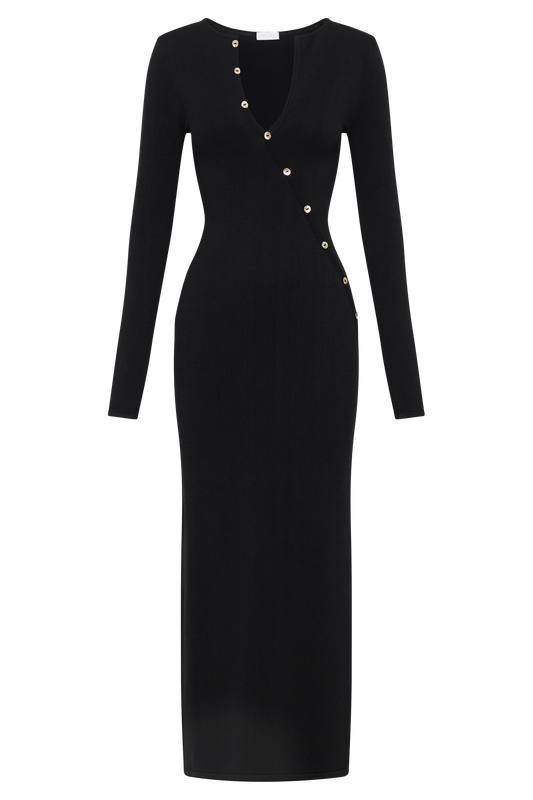 Maria Long Sleeve Buttoned Knit Maxi Dress - Black