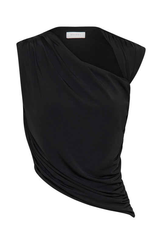 Griselda Draped Slinky Sleeveless Top - Black