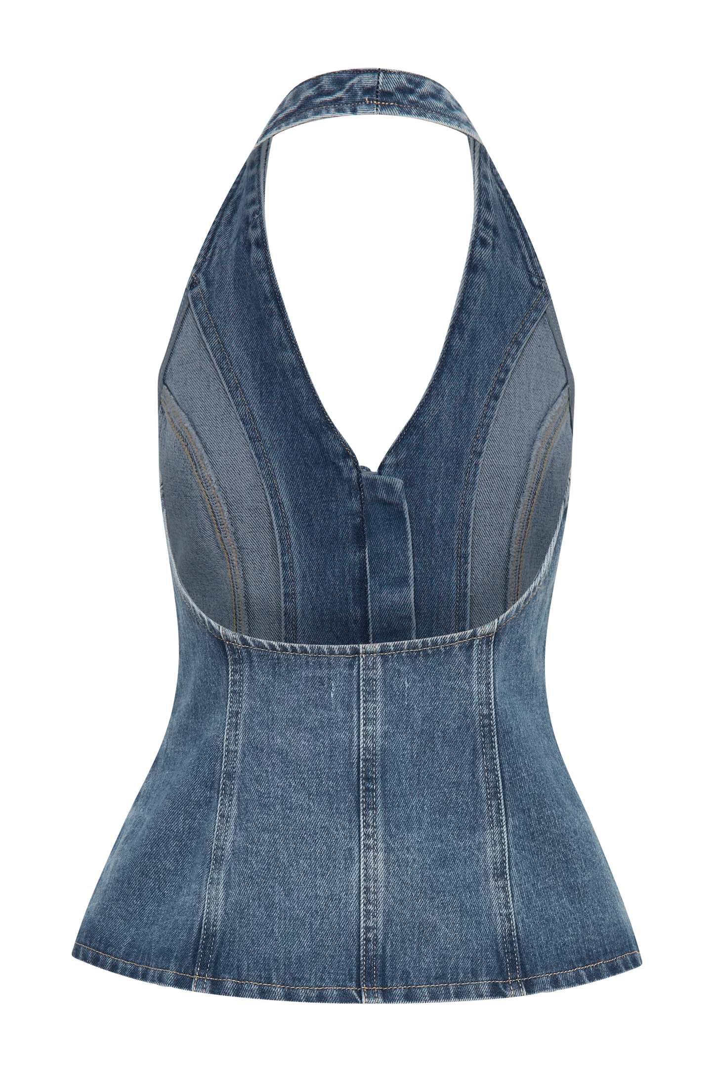 India Button Front Halter Denim Longline Top - Washed Mid Blue