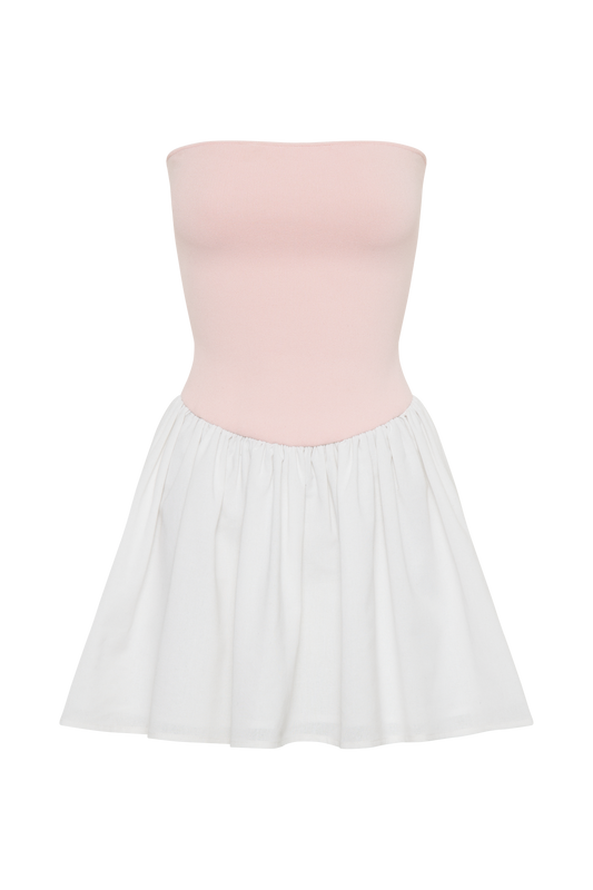 Hannah Knit And Linen Mini Dress - Baby Pink/White