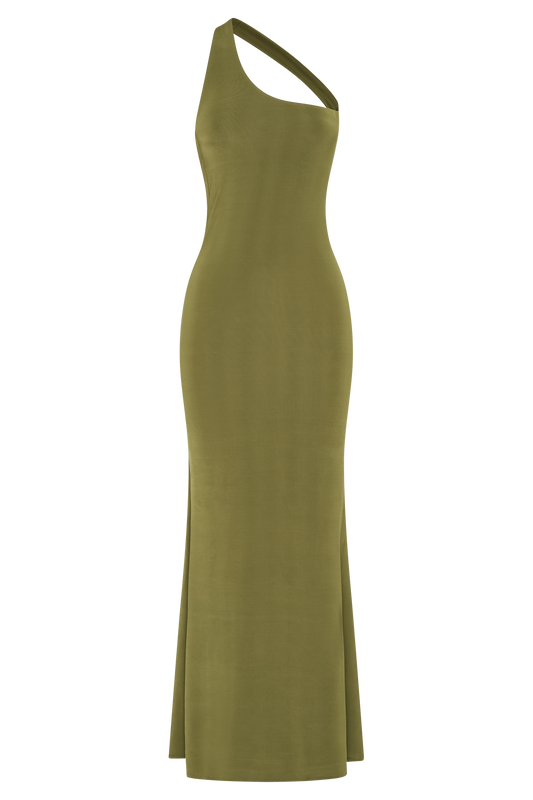 Marianne Asymmetrical Slinky Maxi Dress - Vintage Olive