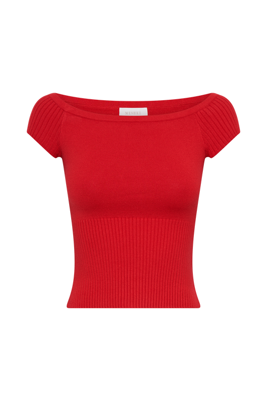 Mathilde Ribbed Knit Off Shoulder Top - Ruby