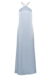 Blanche Satin Pearl Halter Maxi Dress - Cornflower Blue