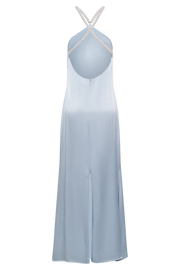 Blanche Satin Pearl Halter Maxi Dress - Cornflower Blue