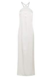 Blanche Satin Pearl Halter Maxi Dress - White