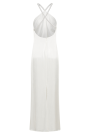 Blanche Satin Pearl Halter Maxi Dress - White