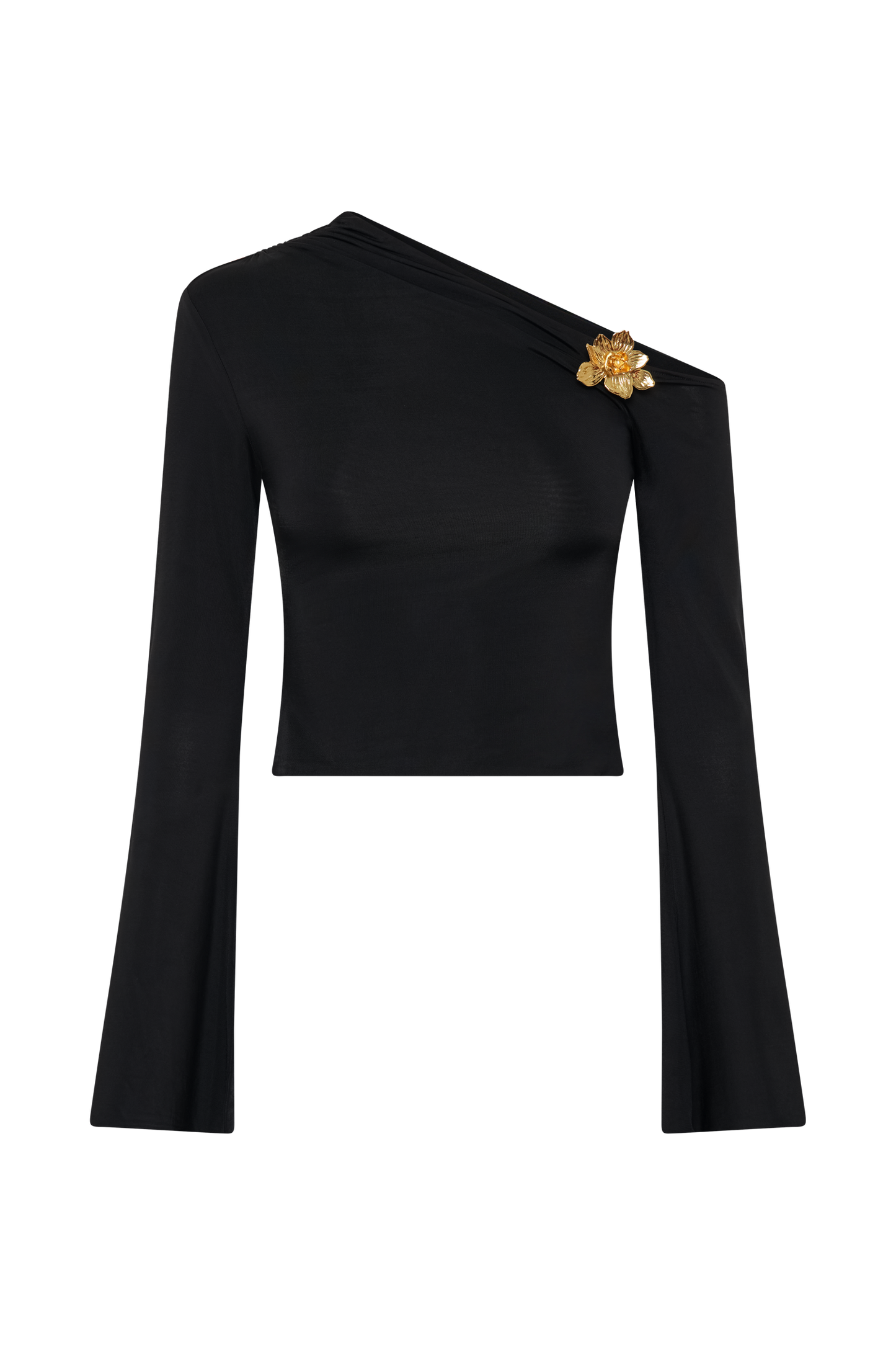 Ainsley Asymmetrical Long Sleeve Top With Floral Hardware - Black