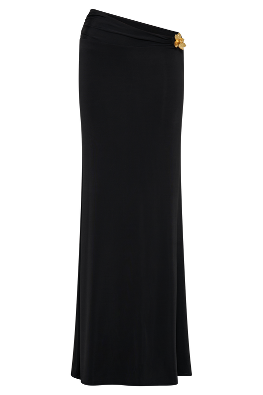 Ainsley Asymmetrical Maxi Skirt With Floral Hardware - Black