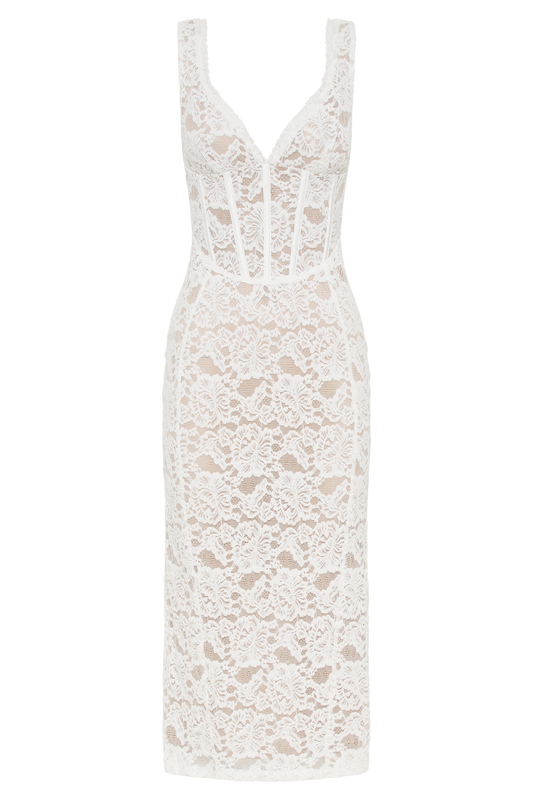 Doria Lace Plisse Midi Dress - Ivory