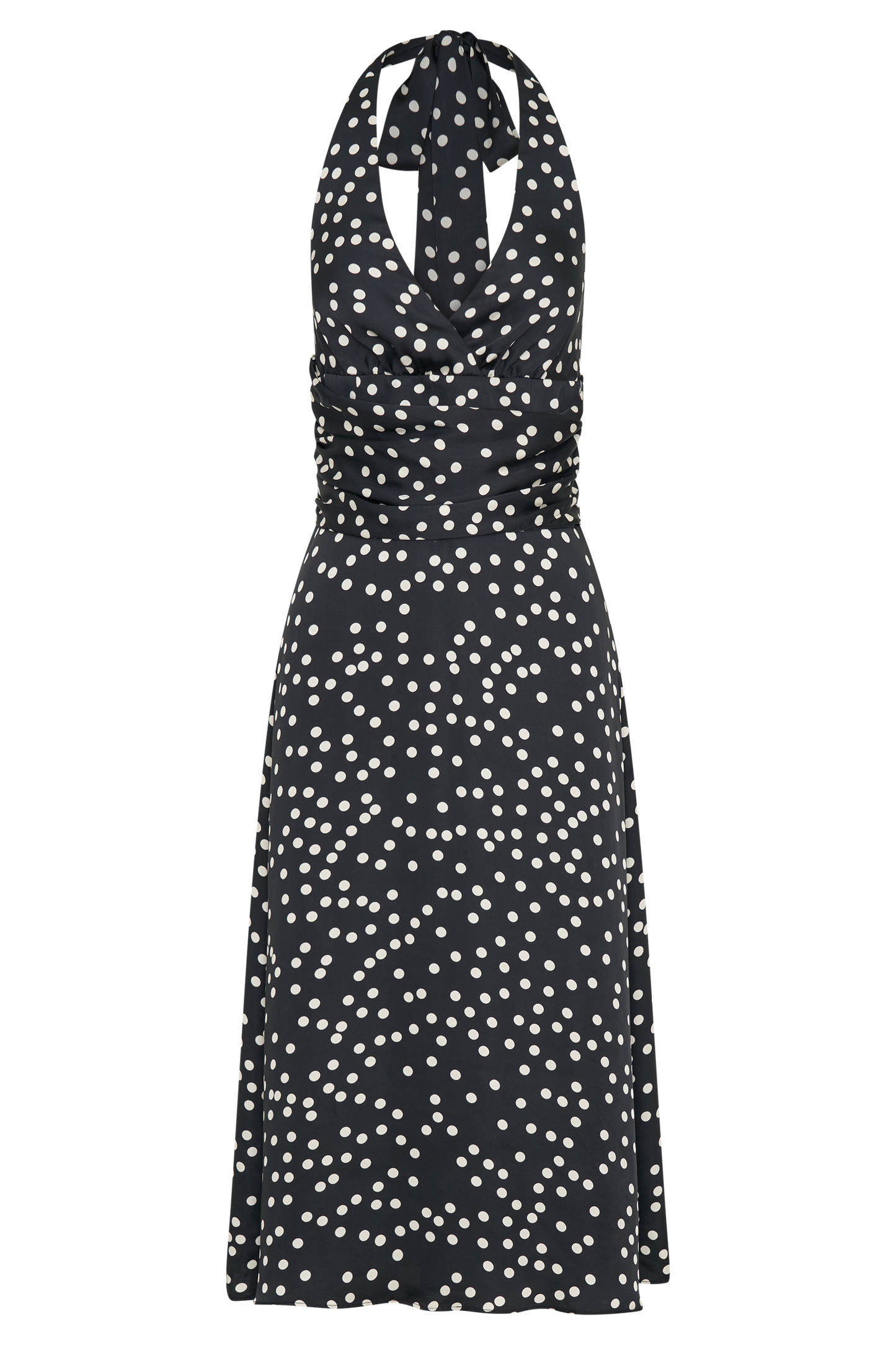 Marguerite Satin Halter Midi Dress - Black Polka Dot Print