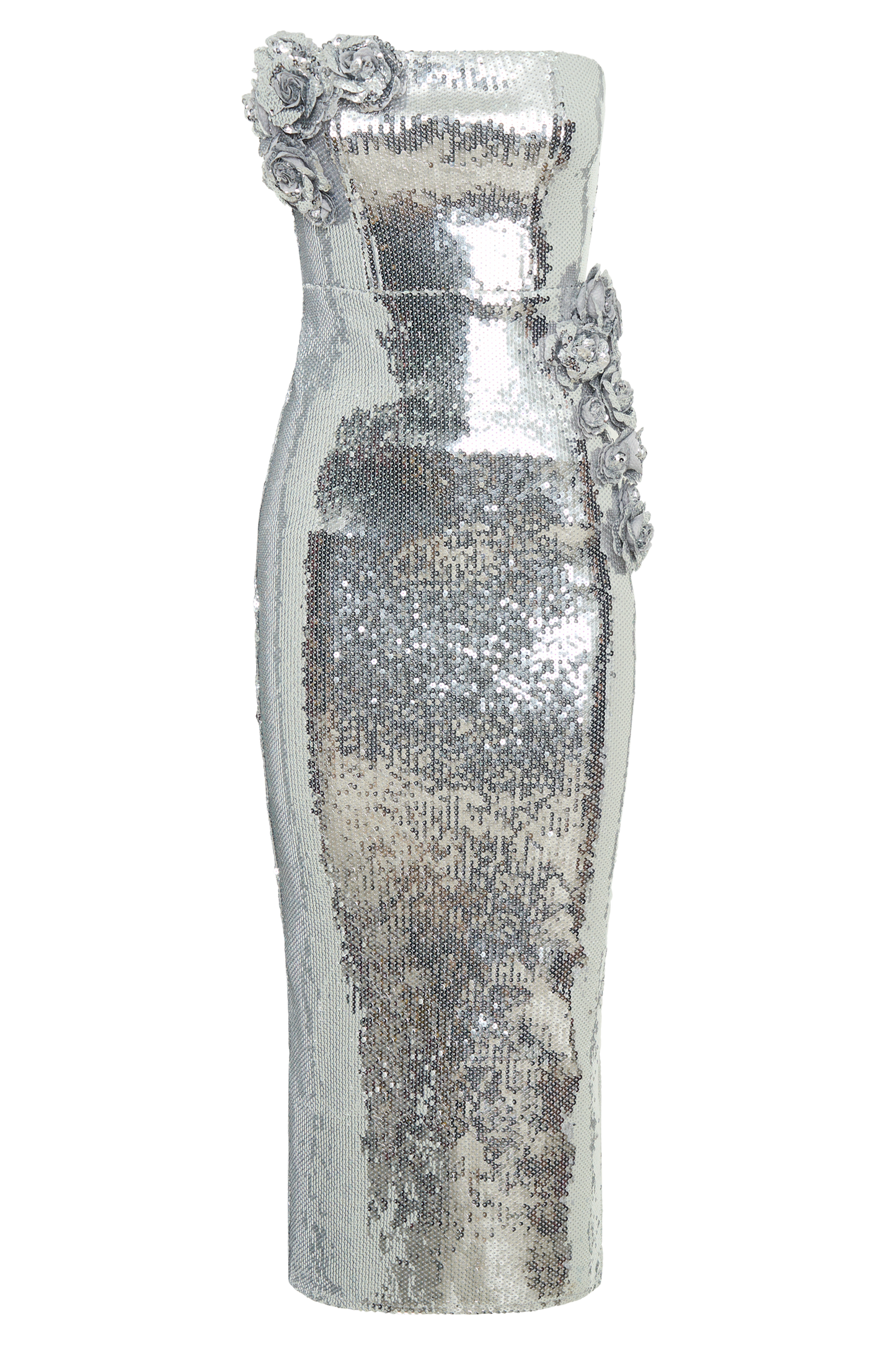 Cassia Strapless Sequin Rose Midi Dress - Silver