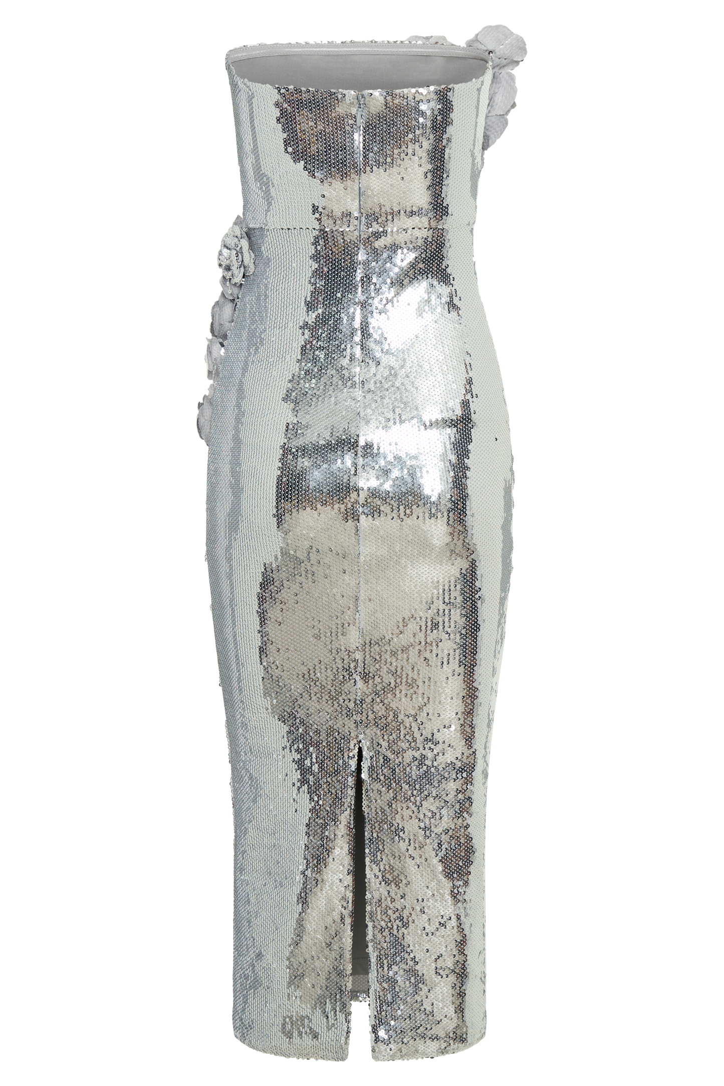 Cassia Strapless Sequin Rose Midi Dress - Silver