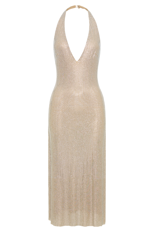 Genie Diamante Halter Midi Dress - Nude