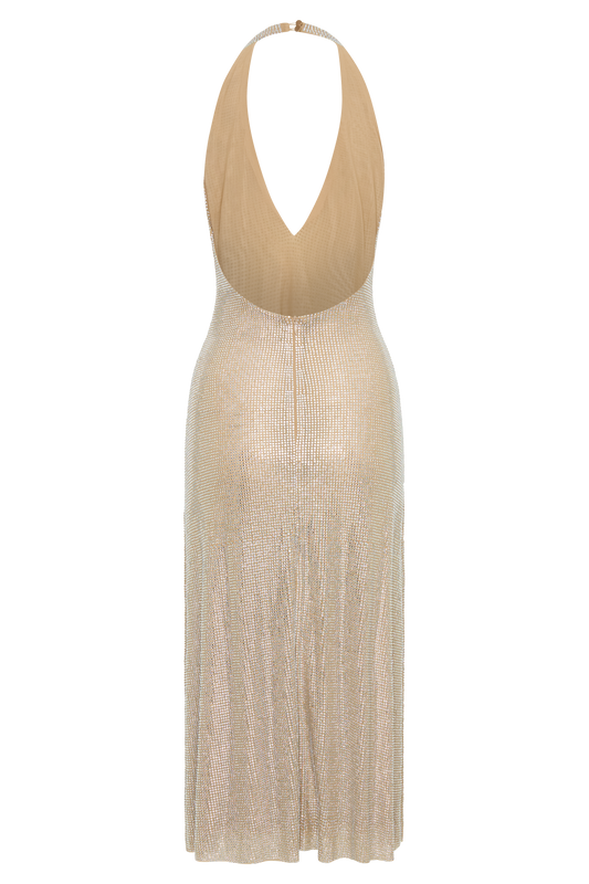 Genie Diamante Halter Midi Dress - Nude