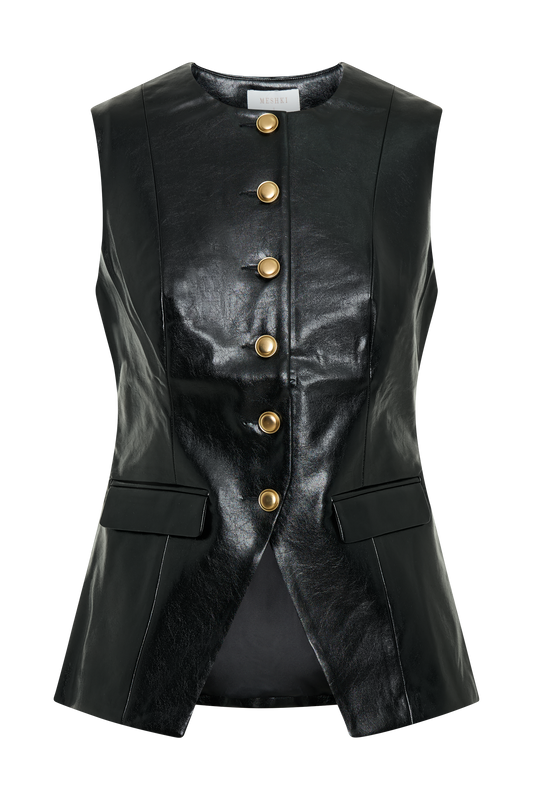 Coralia Faux Leather Sleeveless Vest - Black