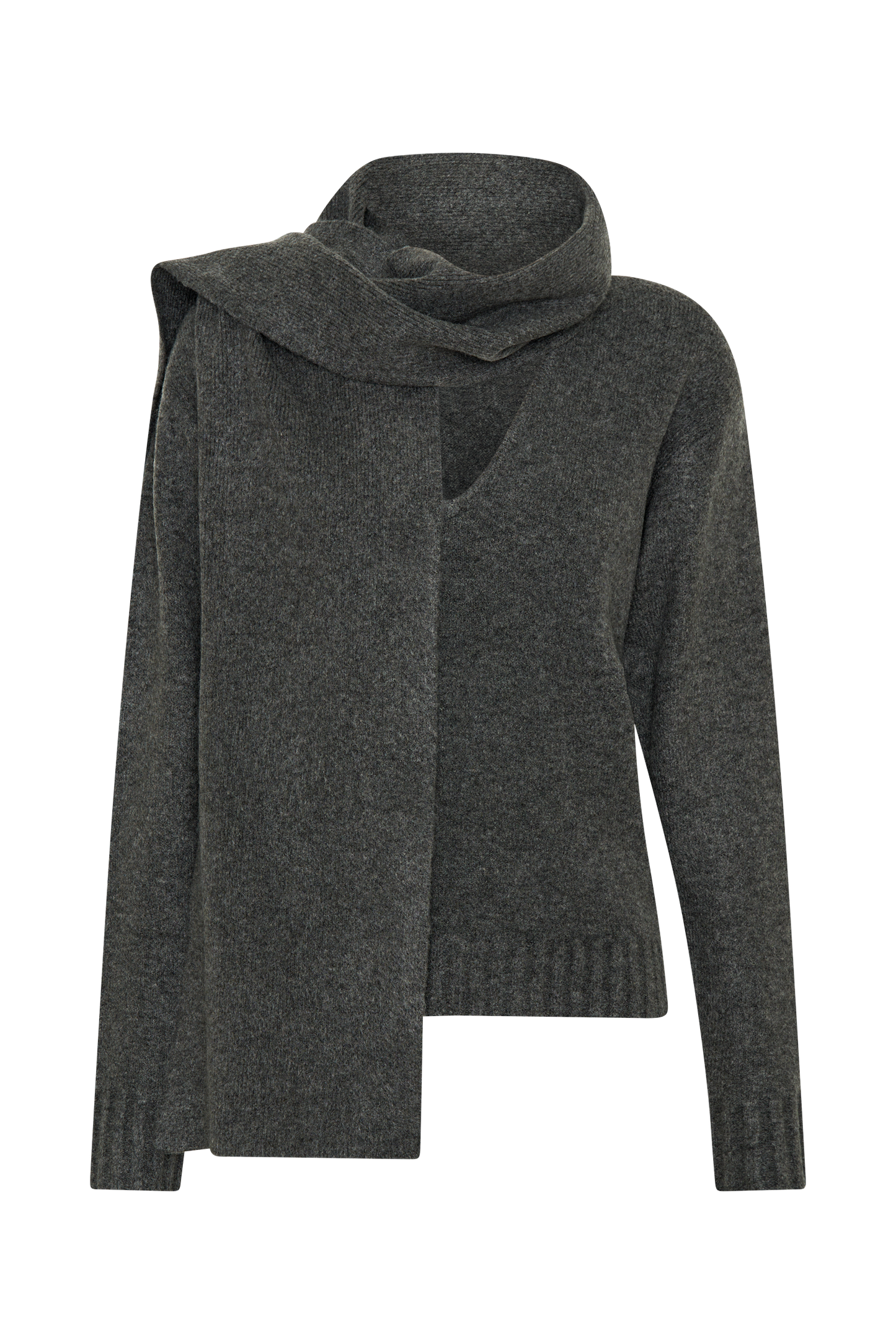 Ella V Neck Knit Jumper With Scarf - Charcoal Marle