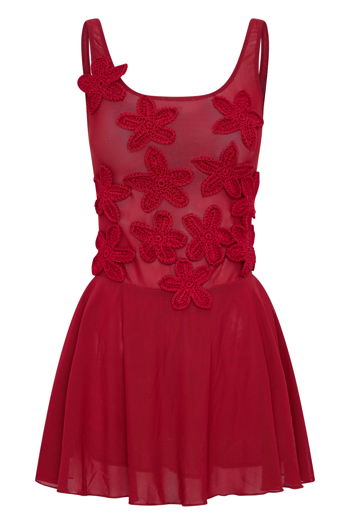 Melanie Mesh Mini Dress With Flowers - Ruby