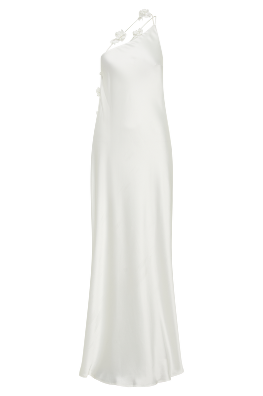 Rebecca One Shoulder Rose Maxi Dress - White