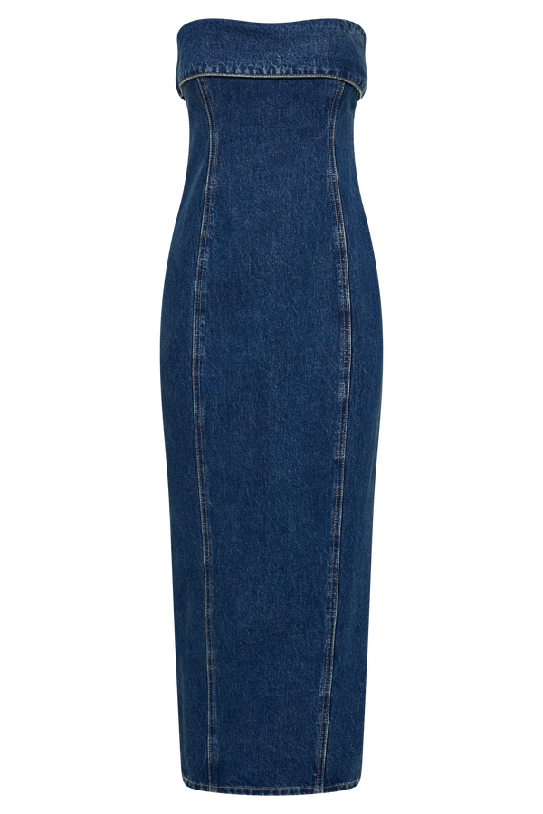 Katherine Strapless Denim Midi Dress Dark Blue Meshki 