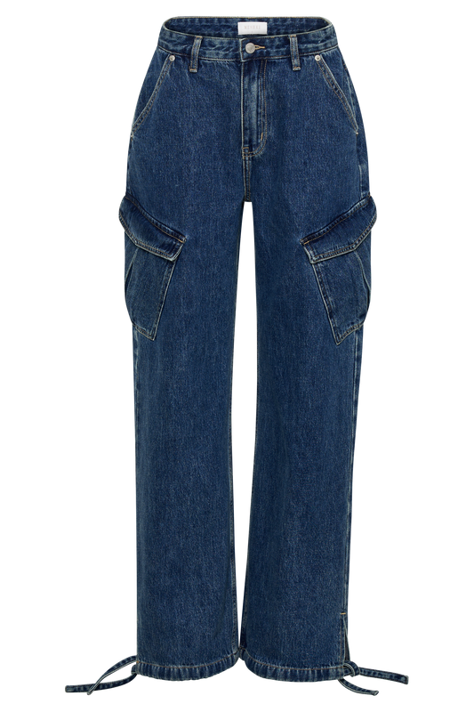 Thelma Relaxed Denim Cargo Pants - Dark Blue