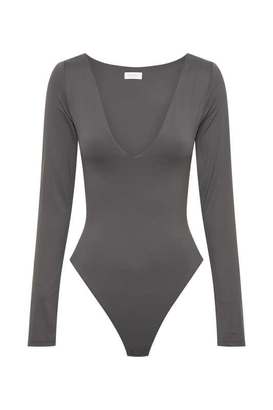 Nia Long Sleeve V Neck Bodysuit - Charcoal