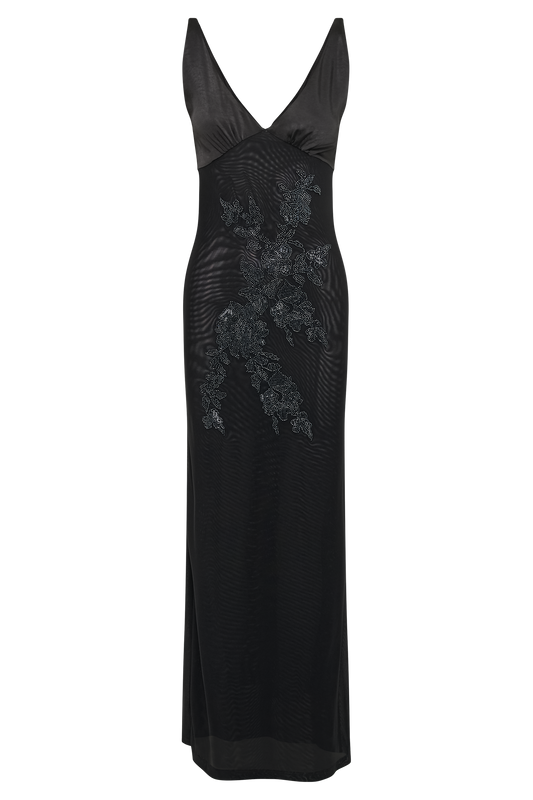 Maya Beaded Mesh Maxi Dress - Black