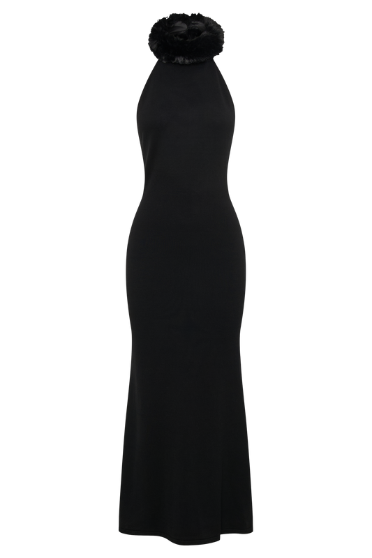 Elva Halter Knit Maxi Dress With Faux Fur - Black