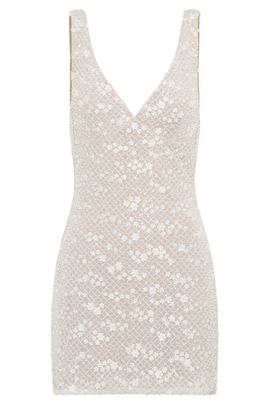 Louanne Daisy Beaded Mini Dress - White