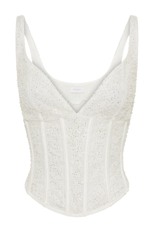 Elsie Pearl Beaded Bustier Top - White