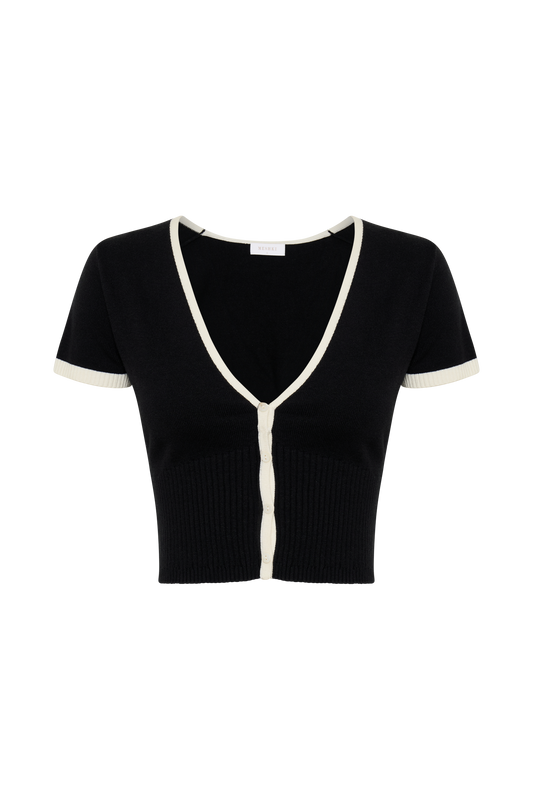 Jolene Contrast Button Up Knit Top - Black