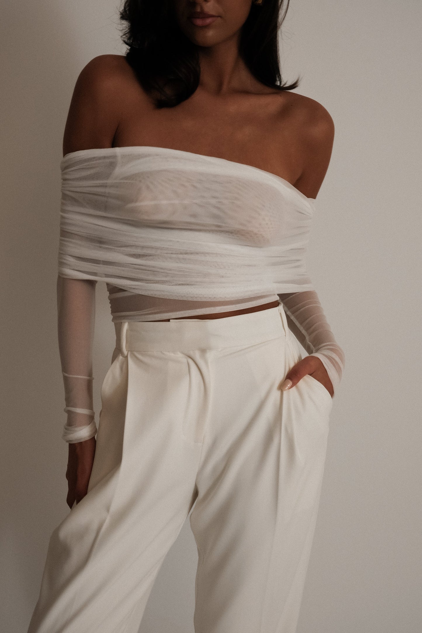 Everly Sheer Mesh Off Shoulder Top - Ivory