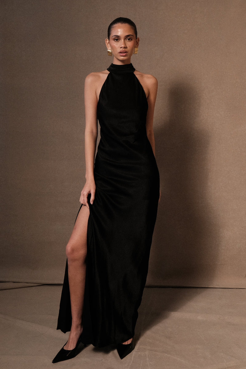 Claire Satin Drape Back Maxi Dress with Split - Black - MESHKI