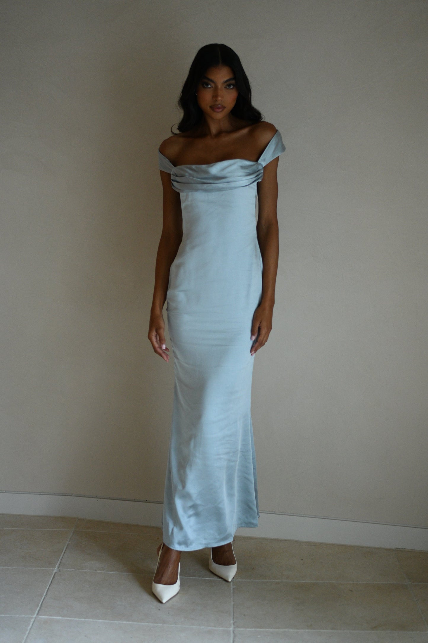 Lacey Backless Satin Maxi Dress - Ice Blue