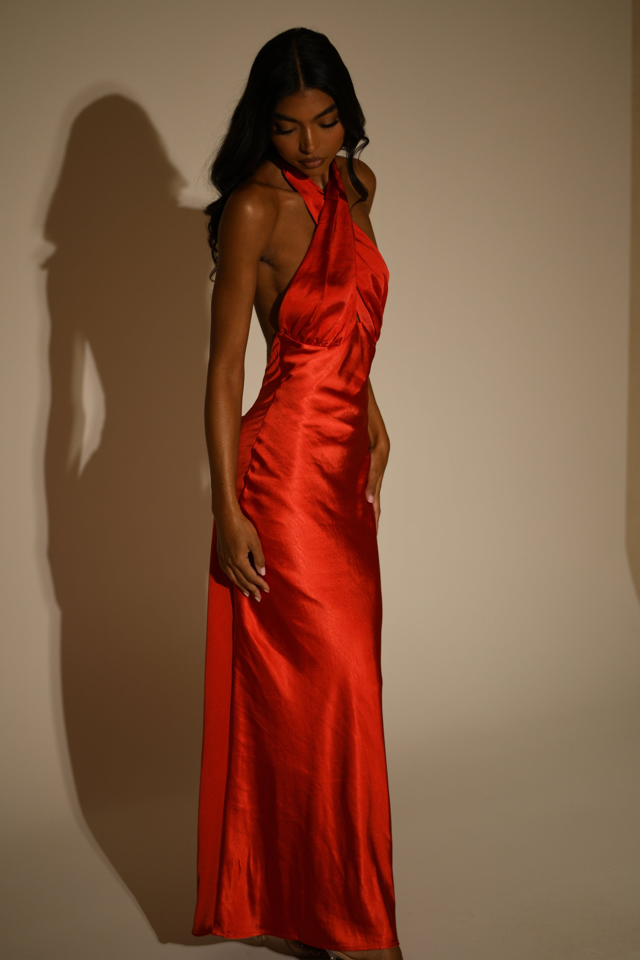 Marvelle Satin Halter Maxi Dress - Vermilion Red- MESHKI