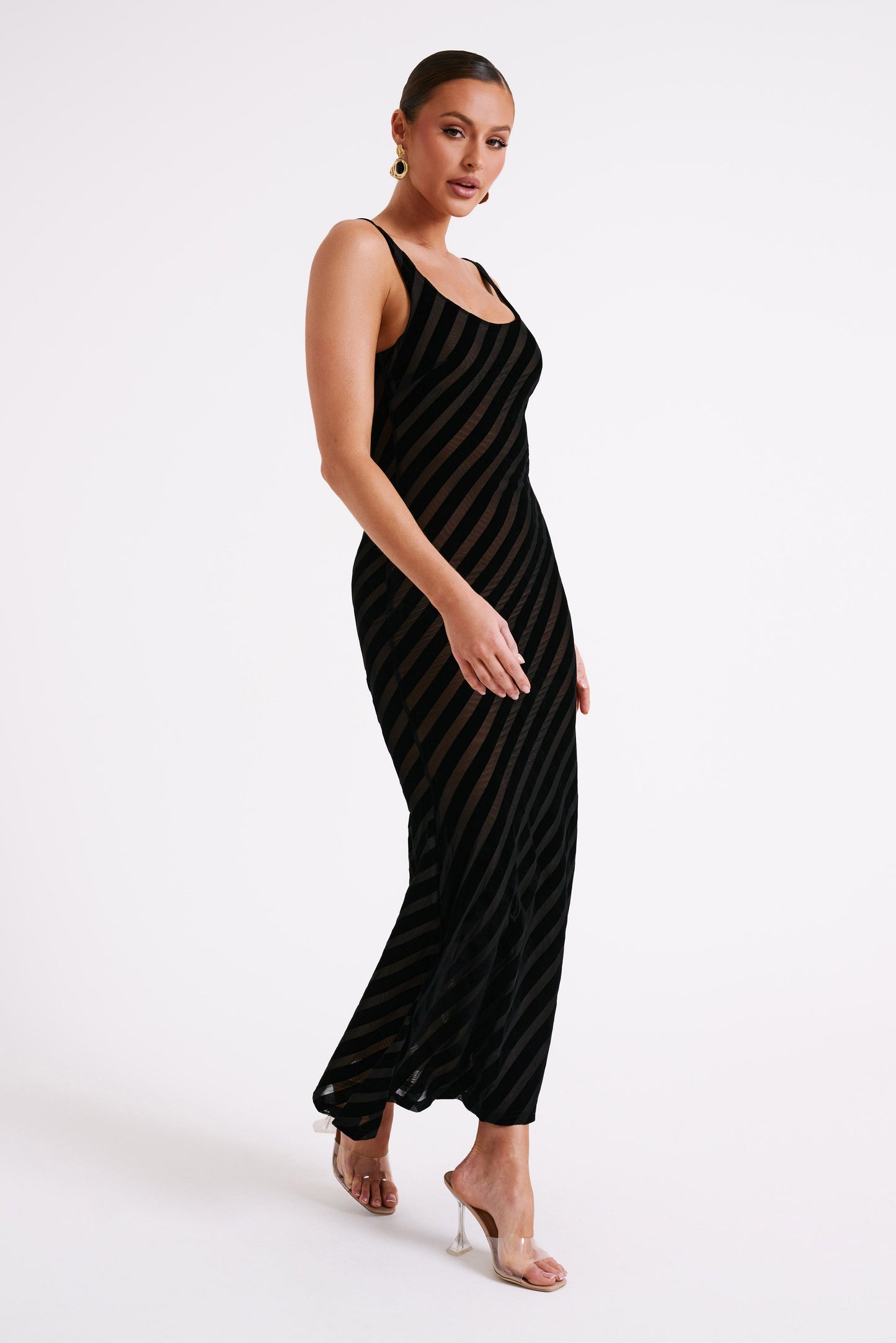 Elena Striped Velvet Burnout Maxi Dress - Black